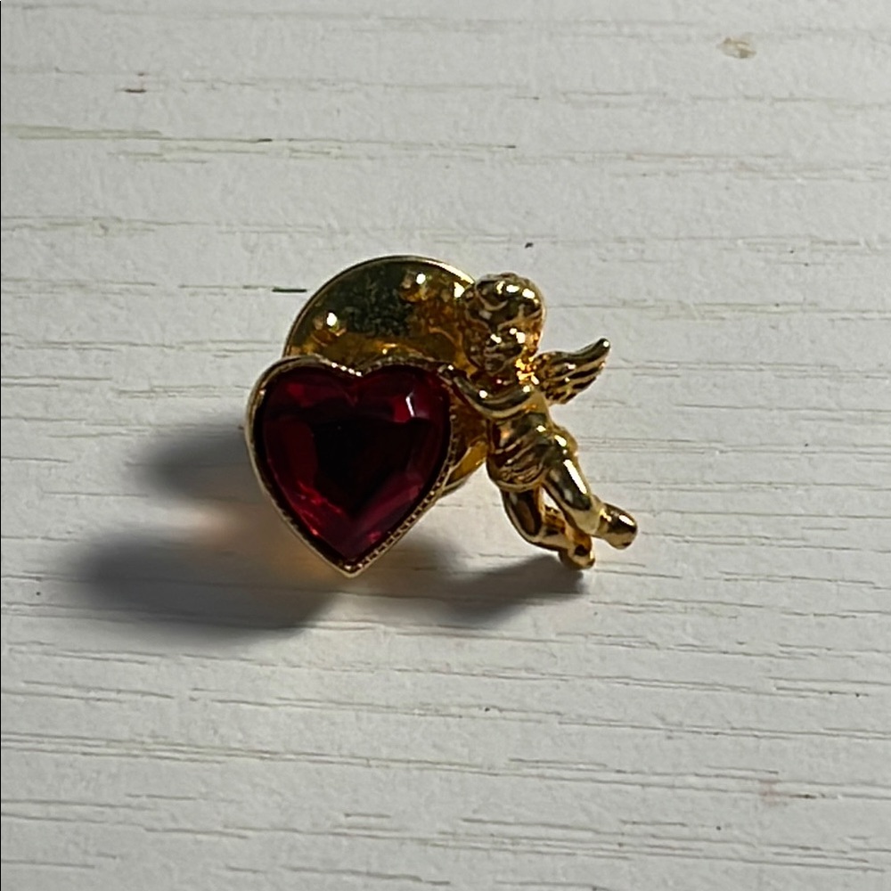 Vintage Avon Gold and Red Cherub Heart Brooch